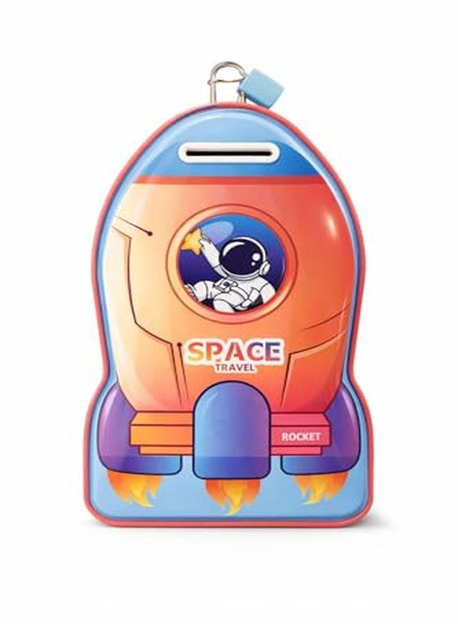 Nubby DotssRocket Shaped Kids Piggy Bank, Space Travel Theme, Astronaut Design, Coin Slot with Lock, Blue and Orange - Image 1